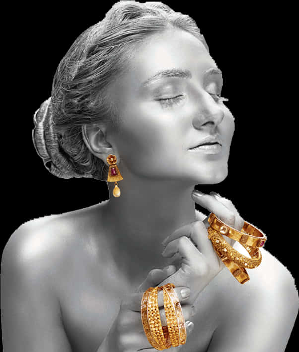 A Woman With Her Eyes Closed Wearing Jewelry