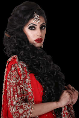 A Woman With Long Black Hair And Red Dress