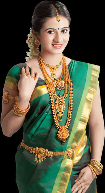 A Woman Wearing A Green And Gold Dress
