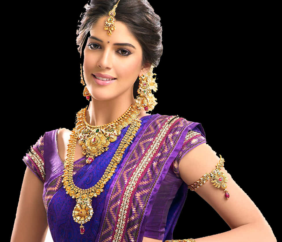 A Woman In A Purple Dress And Gold Jewelry