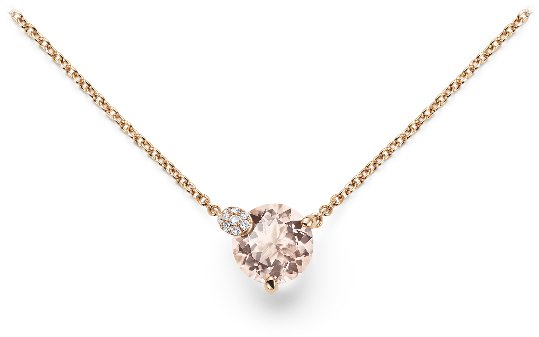 A Gold Necklace With A Pink Stone And Diamonds