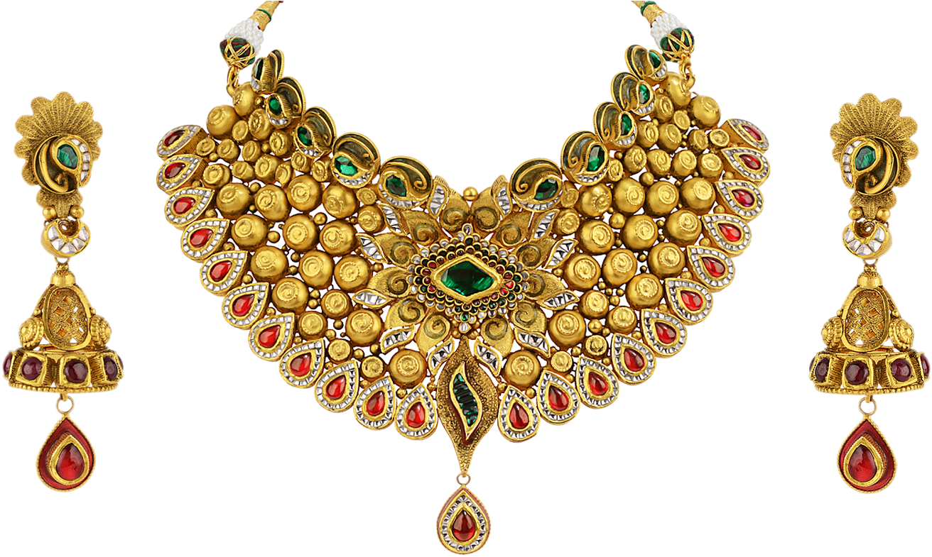 A Gold Necklace With Gemstones And A Pendant