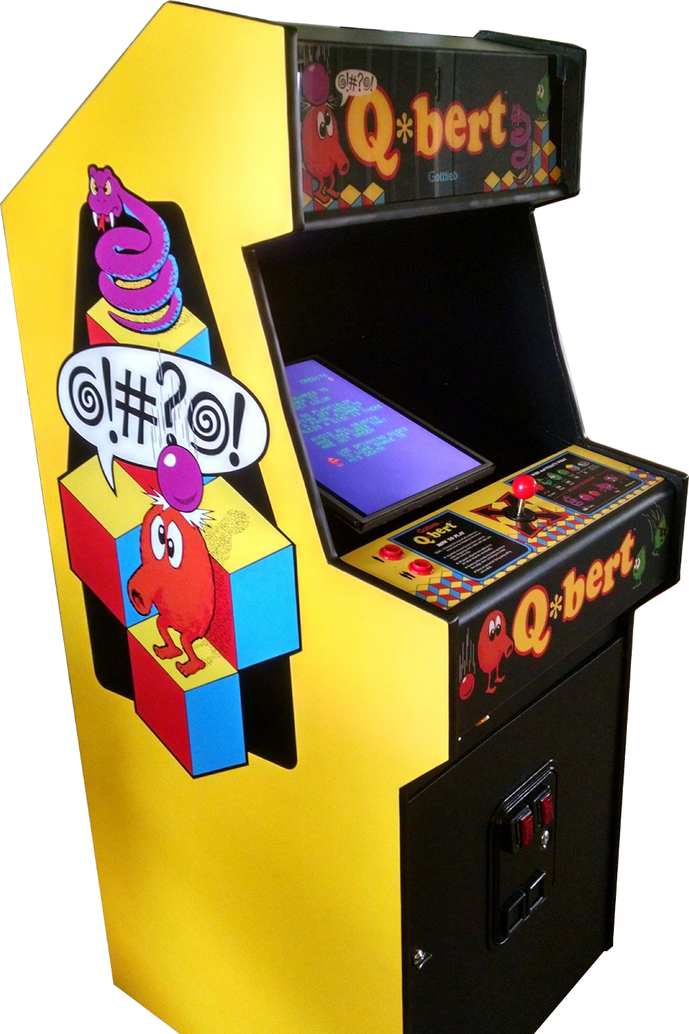 A Yellow Arcade Game With A Screen And A Red Button