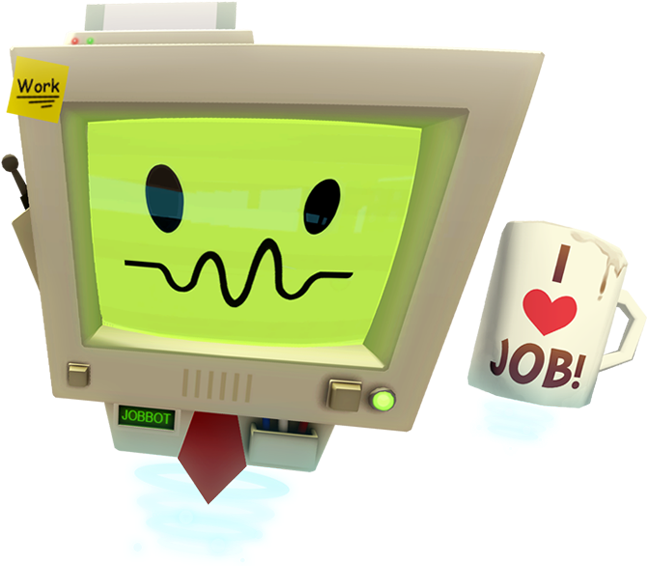 A Computer Monitor With A Cartoon Face And A Mug Of Job