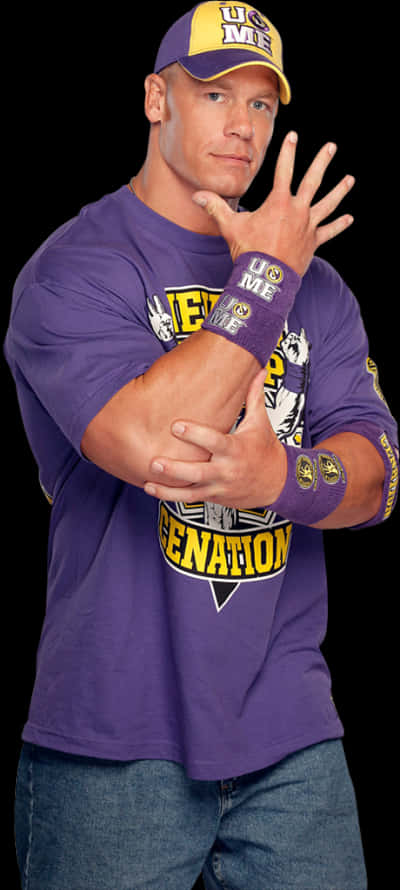 A Man Wearing A Purple Shirt And Wrist Bands