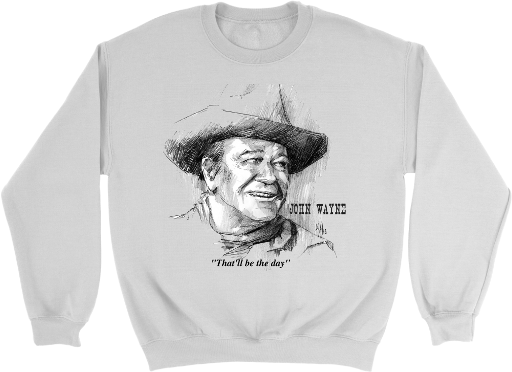 A White Sweatshirt With A Drawing Of A Man In A Hat