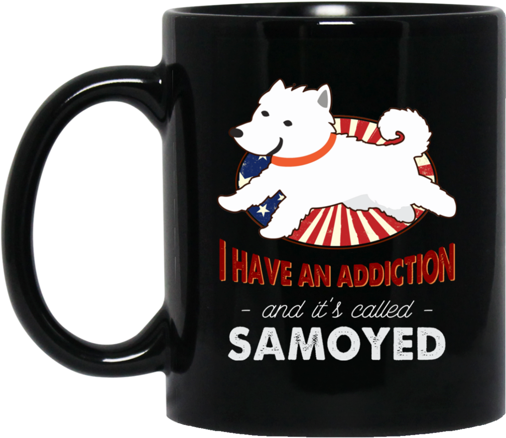 A Black Mug With A White Dog And Red And White Text