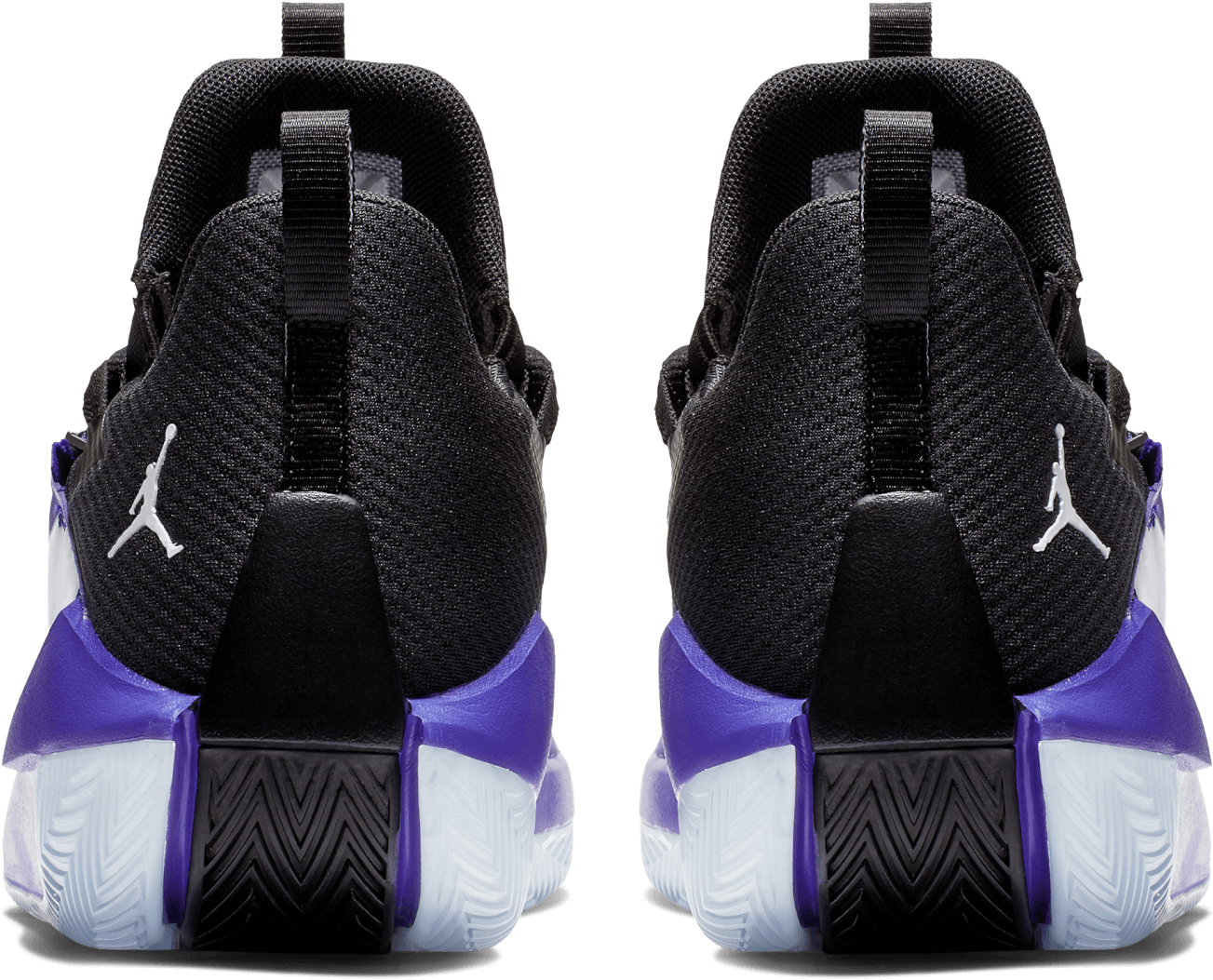 The Back Of A Pair Of Black And Purple Shoes