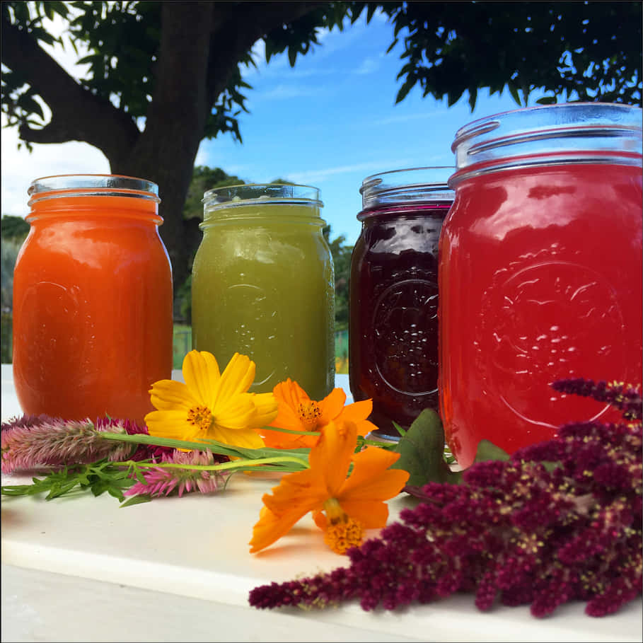A Group Of Jars Of Juice And Flowers