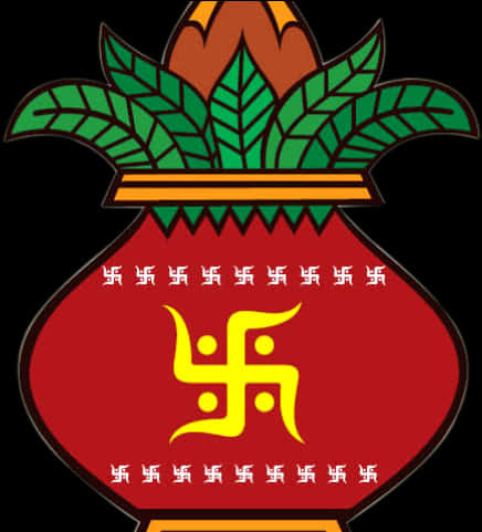 A Red And Yellow Logo With Leaves And A Symbol On It