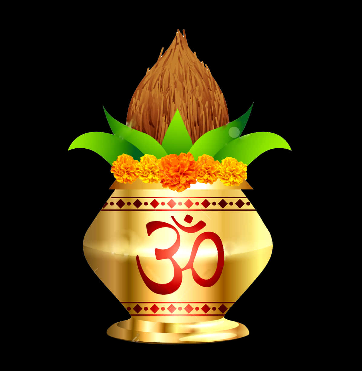 A Gold Pot With A Coconut And Flowers
