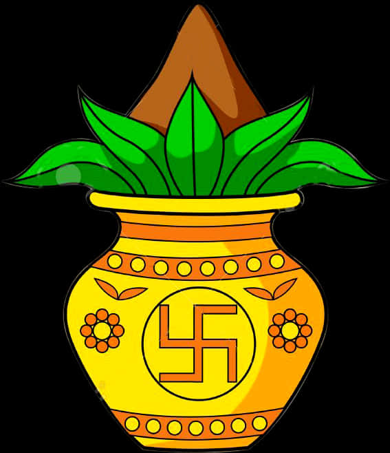 A Yellow Pot With Leaves And A Symbol On It