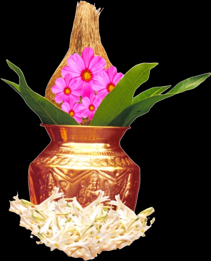 A Gold Pot With Flowers And Leaves