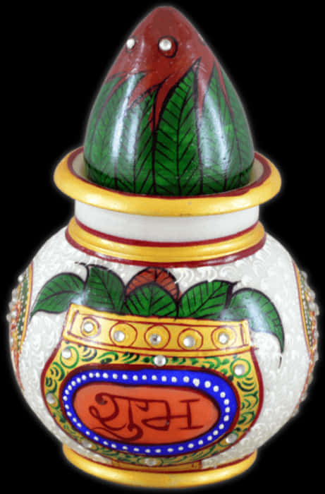 A Decorated Vase With A Green Egg