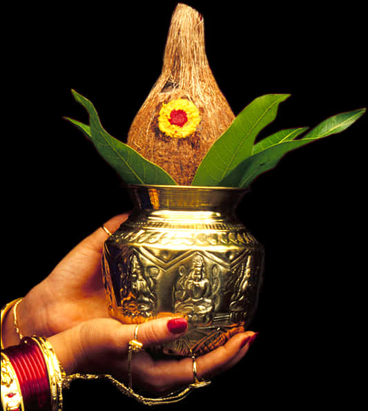 A Hand Holding A Gold Pot With A Coconut And Leaves