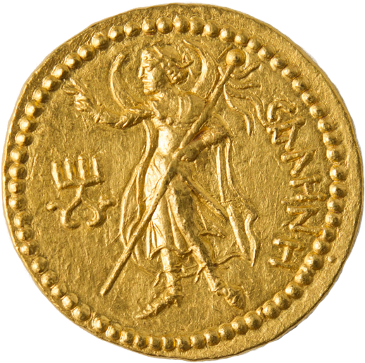 A Gold Coin With A Person Holding A Staff