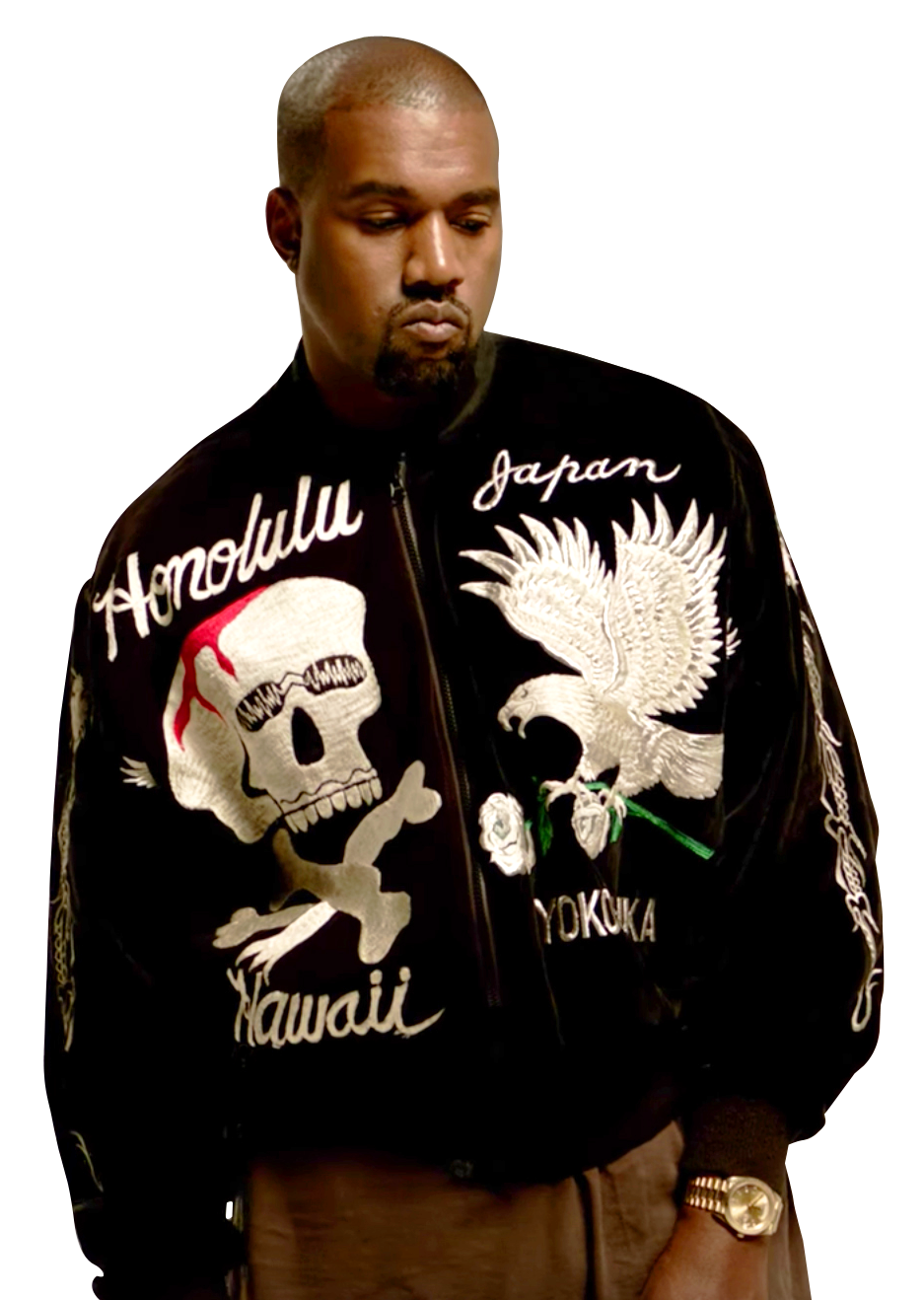 A Man In A Black Jacket With White Skulls And A Skull On It