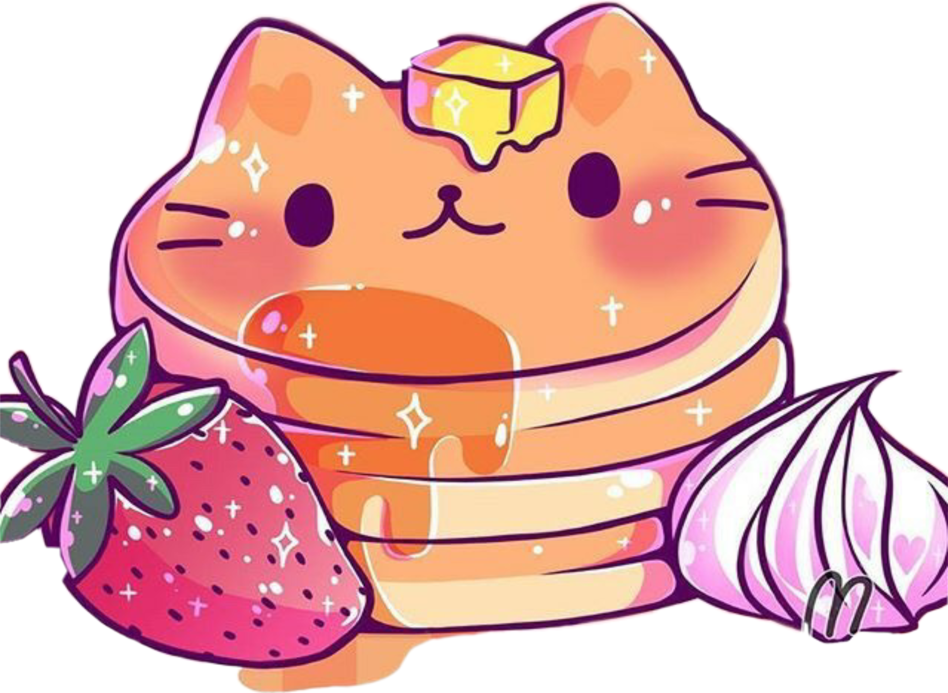 A Cartoon Of A Cat Pancakes And A Strawberry