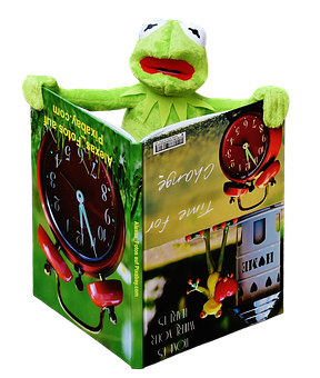A Green Frog Puppet Reading A Book