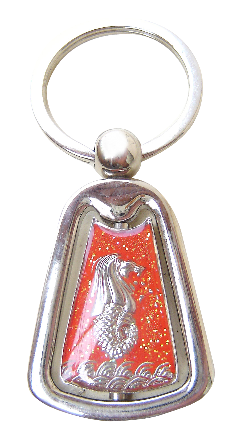 A Silver Key Chain With A Red And Silver Design
