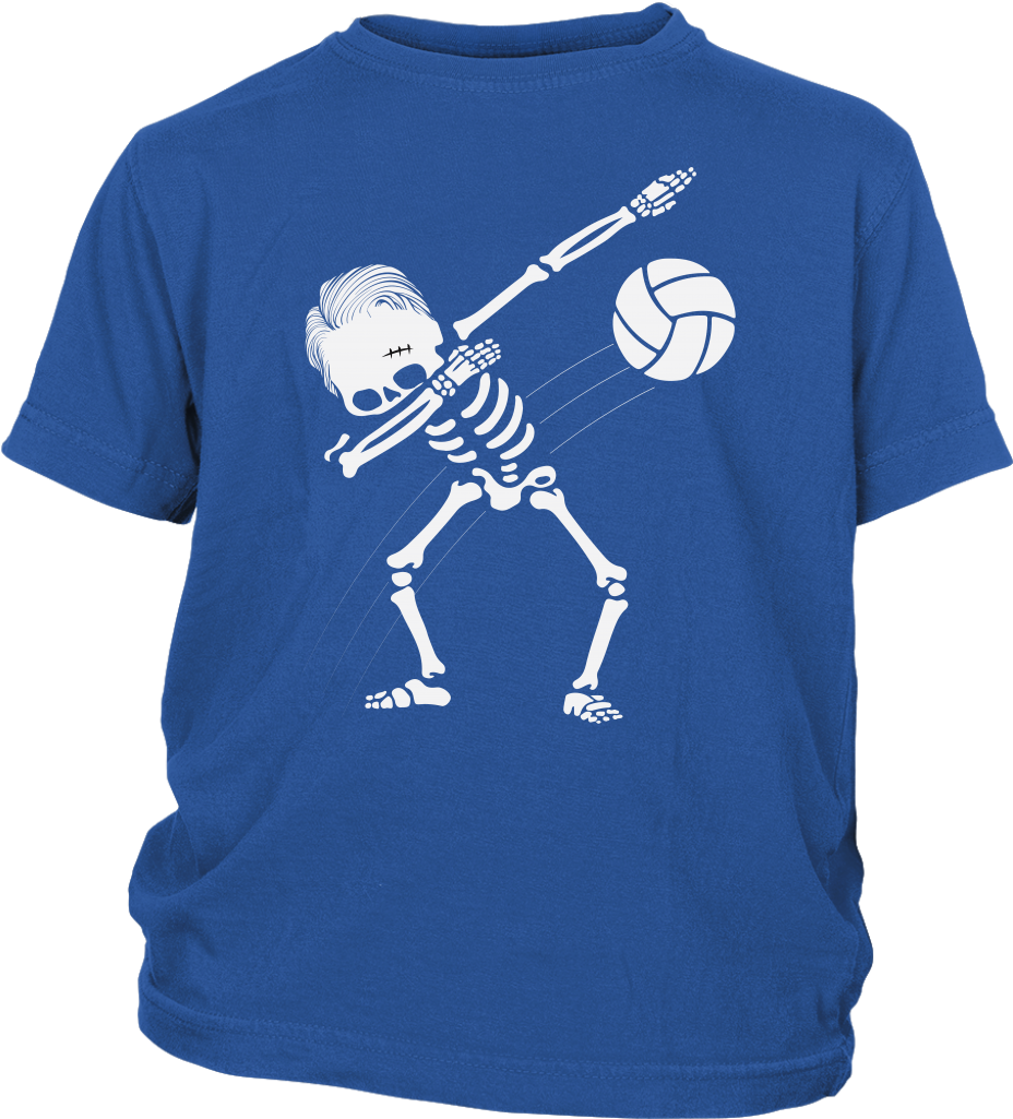A Blue Shirt With A Skeleton And A Volleyball Ball