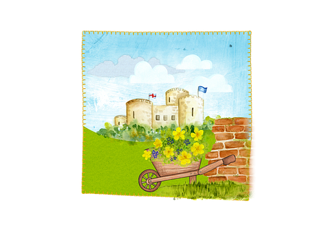A Painting Of A Castle And A Wheelbarrow