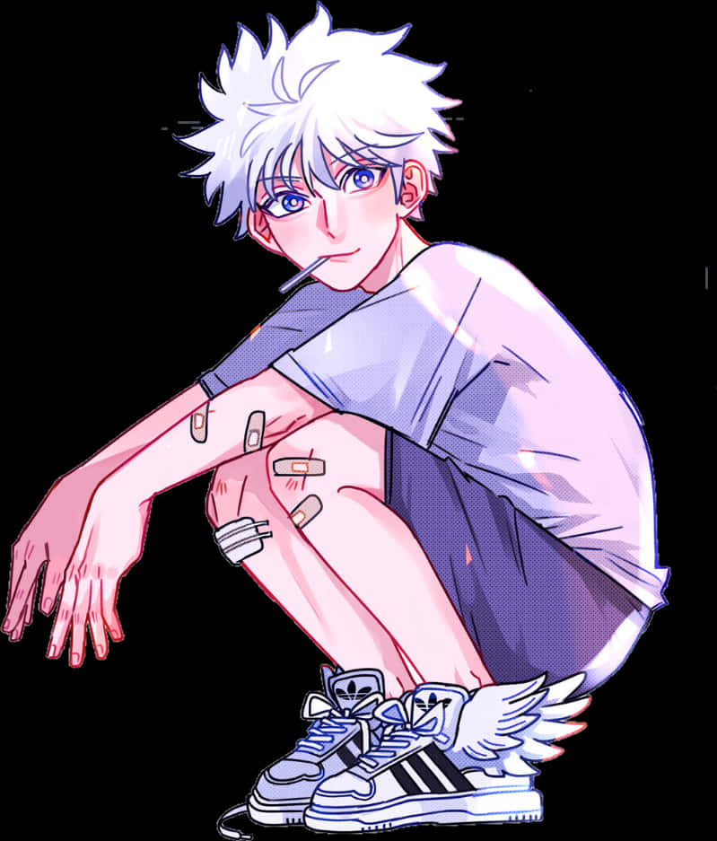 A Cartoon Of A Boy With White Hair And Bandages On His Knee