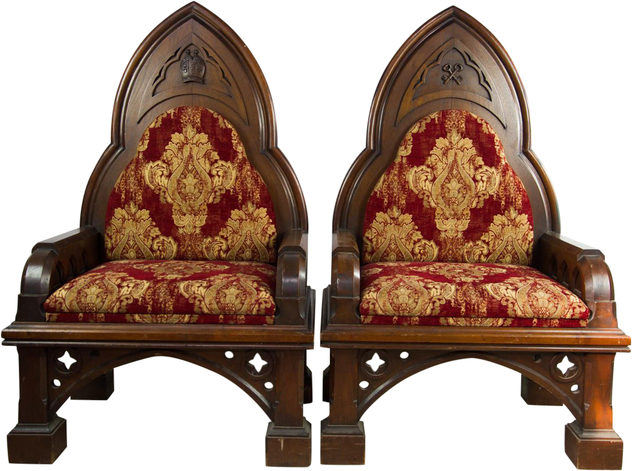 A Pair Of Chairs With Gold And Red Cushions