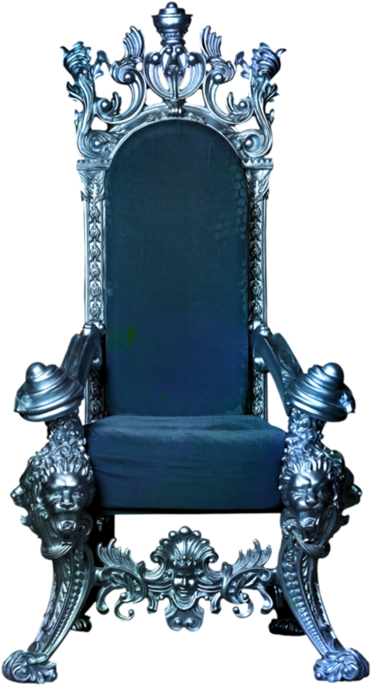 A Blue Chair With Lion Heads On It