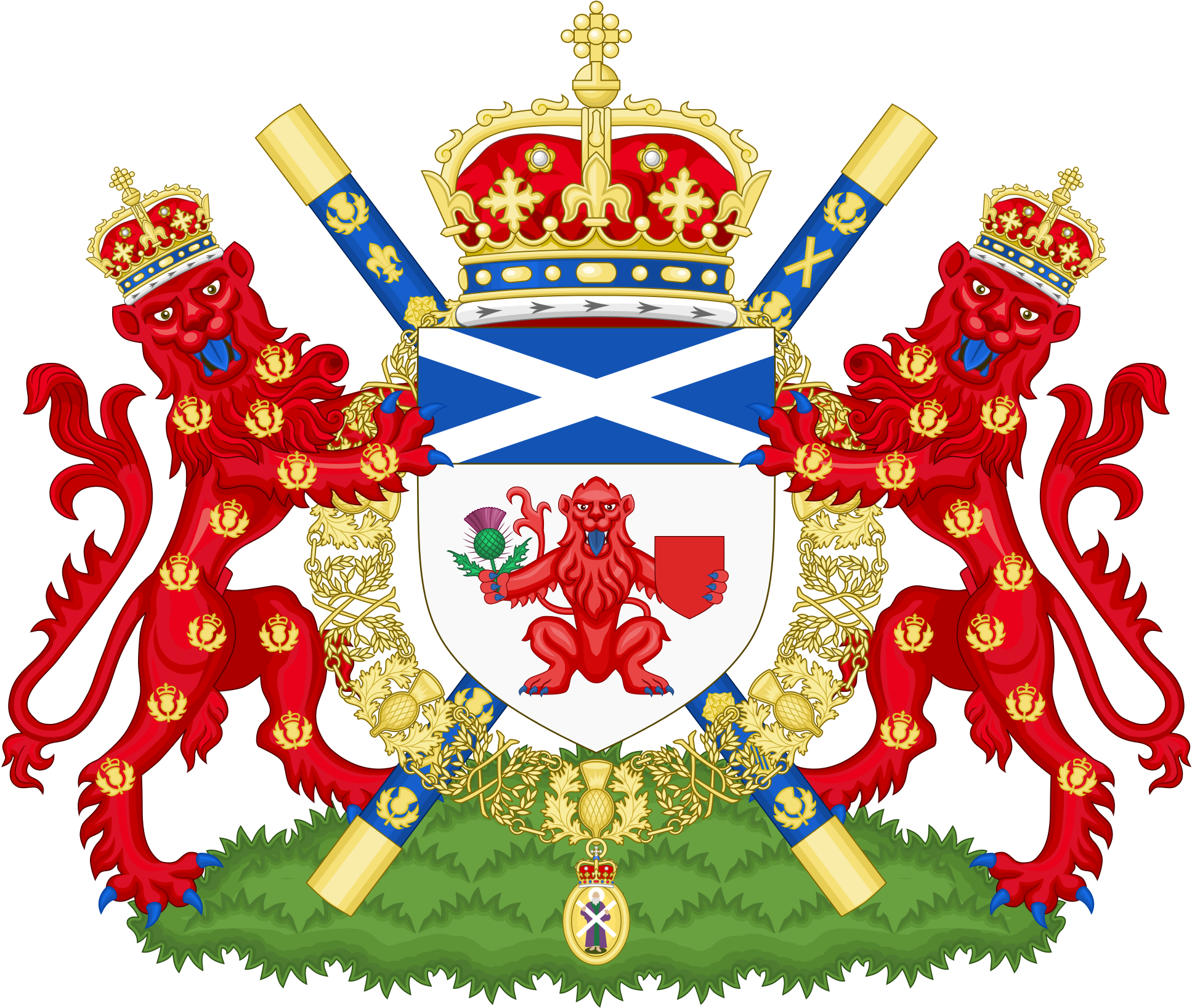 A Coat Of Arms With Red Lions And Blue And White Stripes
