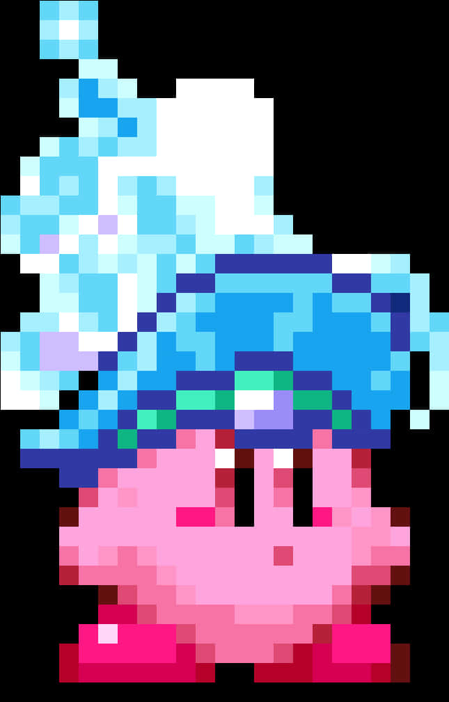 A Pixelated Cartoon Of A Pink Face With Blue Hat