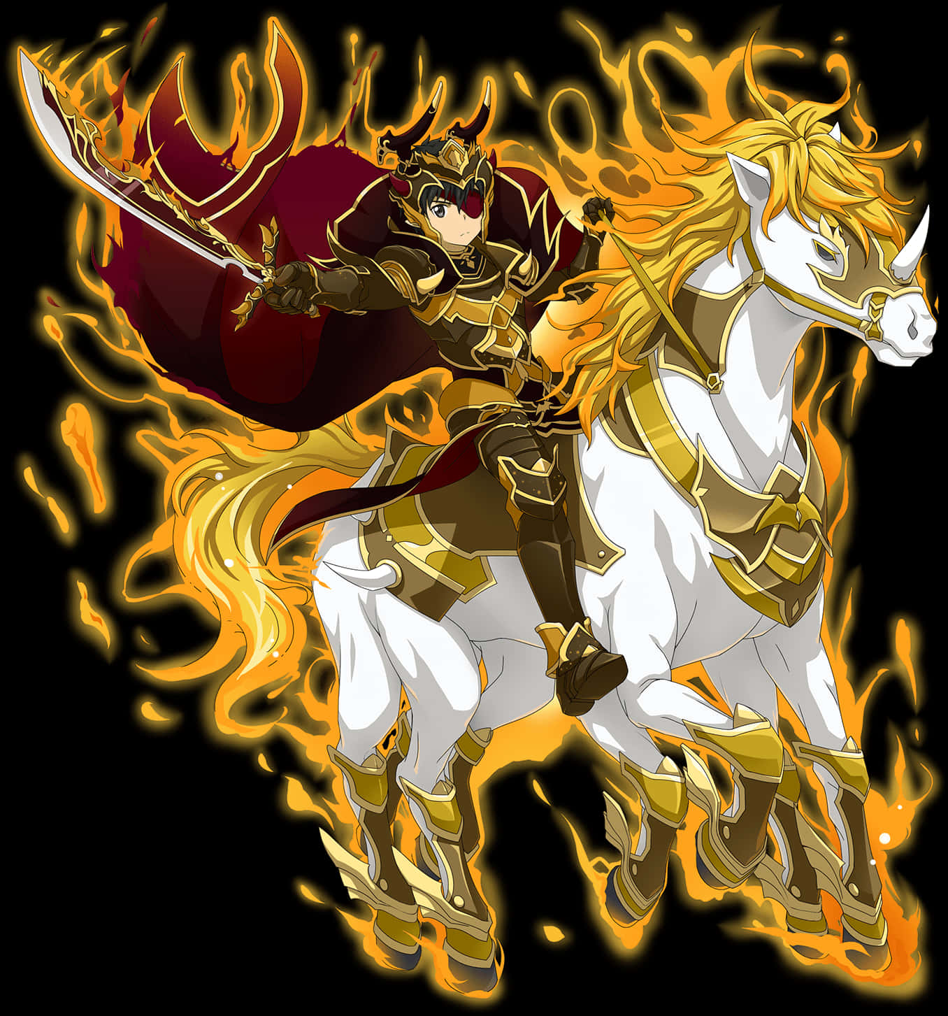 A Cartoon Of A Man Riding A Horse With Fire Flames