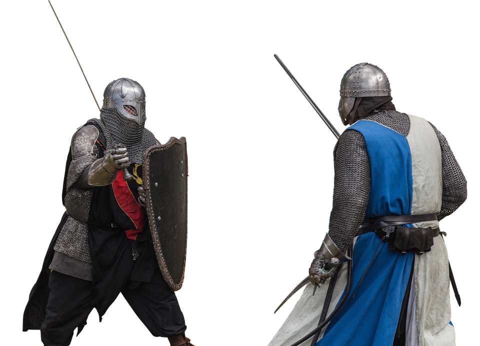Two Men In Armor Holding Swords And Shields