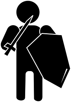 A White Outline Of A Person Holding A Shield And Sword