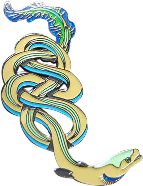 A Metal Snake With A Blue And Yellow Design