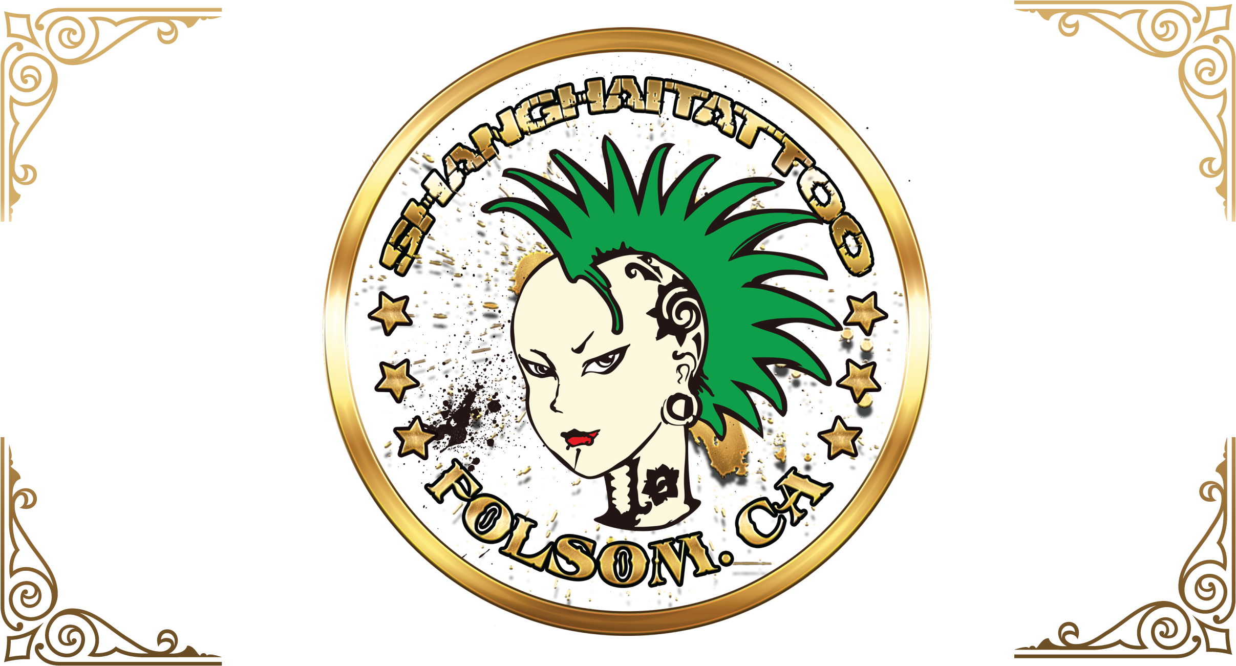 A Gold And Black Logo With A Cartoon Face And Green Spiky Hair