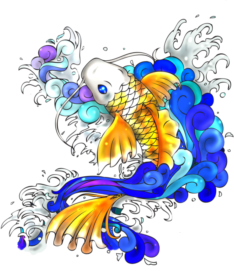 A Gold Fish With Blue And White Waves
