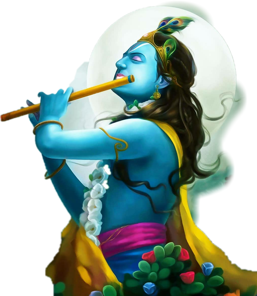 A Blue Painting Of A Hindu God Playing A Flute