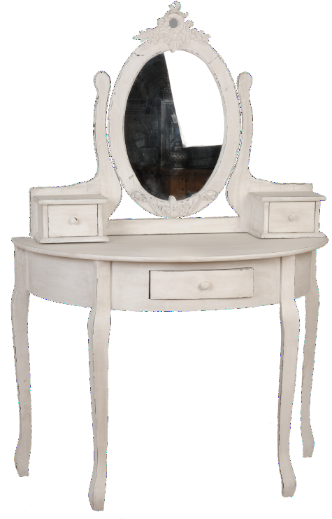A White Vanity Table With A Mirror