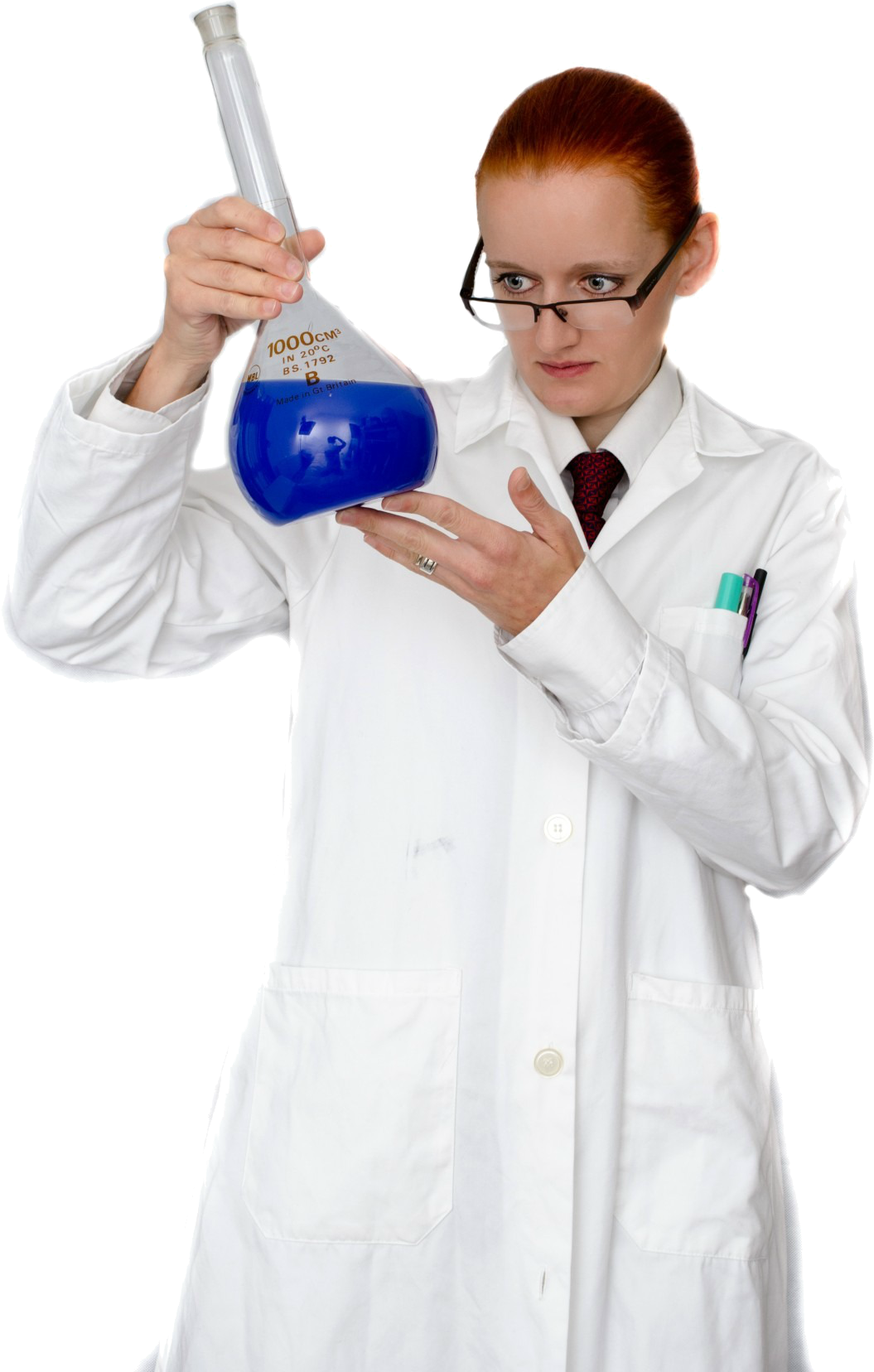 A Woman In A White Coat Holding A Blue Liquid
