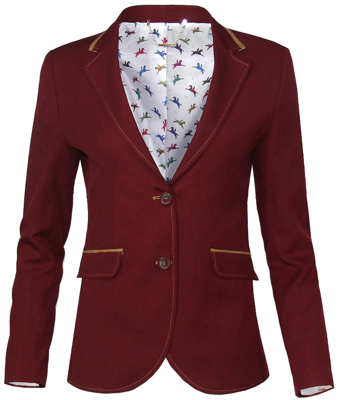 A Red Blazer With A White Shirt With Horses On It