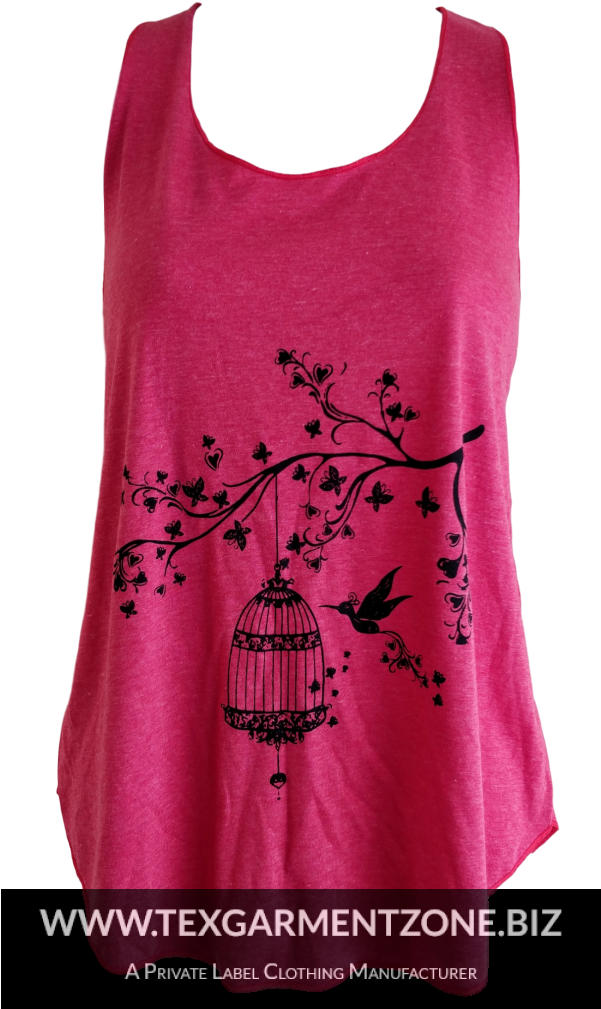 A Pink Tank Top With A Birdcage And A Bird On It