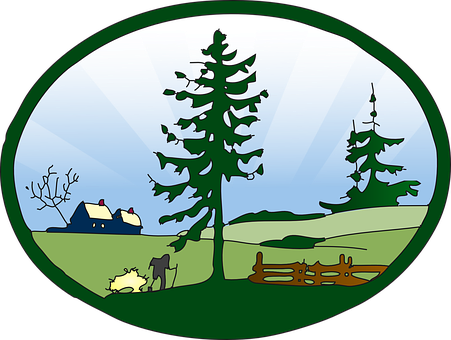 A Cartoon Of A Farm With Trees And A House