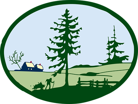 A Green Oval With Trees And A House