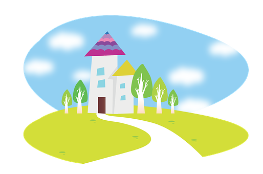 A Cartoon House With Trees And A Path
