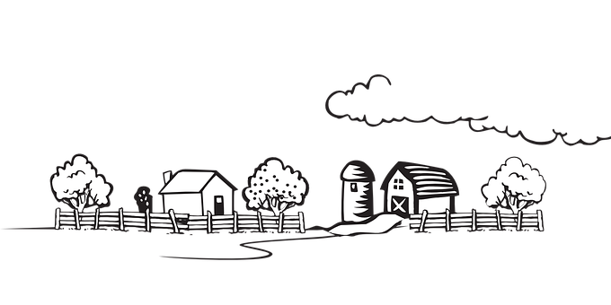 A Black And White Image Of A Farm