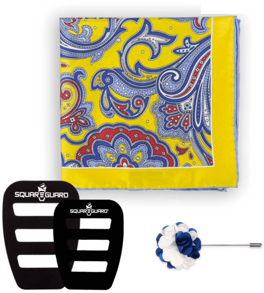 A Yellow Handkerchief With Blue And Red Paisley Design