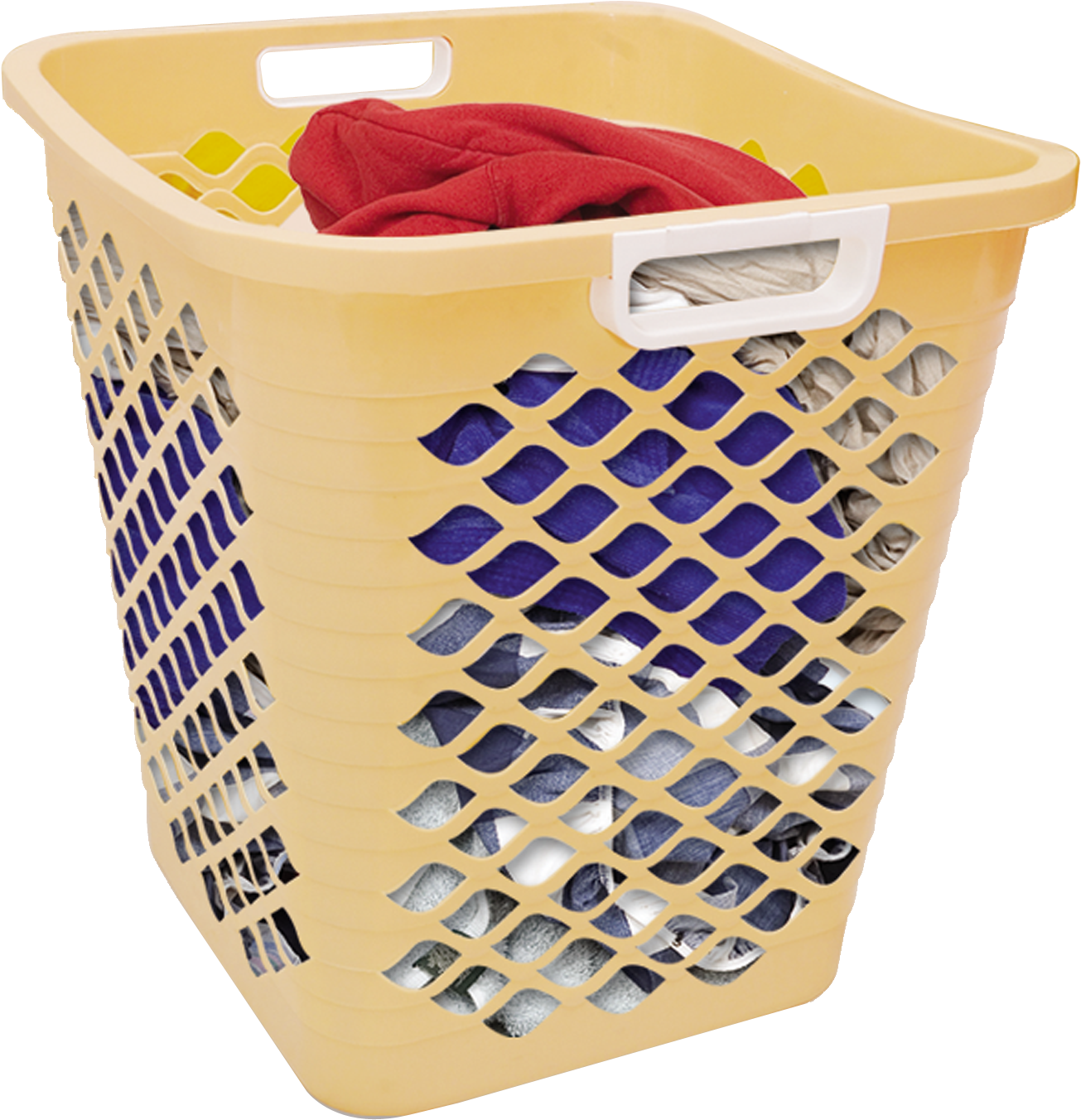 A Yellow Laundry Basket With Clothes In It