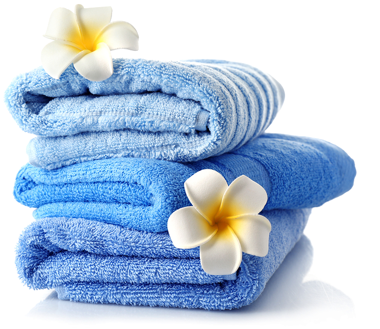 A Stack Of Blue Towels With White Flowers