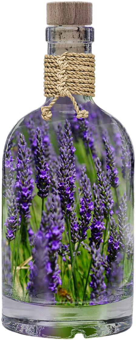 A Glass Bottle With Purple Flowers Inside